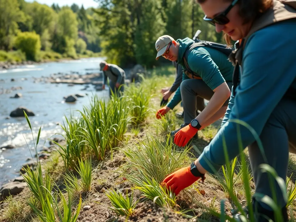 A scenic view of a river restoration project, showcasing volunteers planting native vegetation along the riverbank to improve fish habitat, under the supervision of LA GAULE VIGEOYEUSE staff.