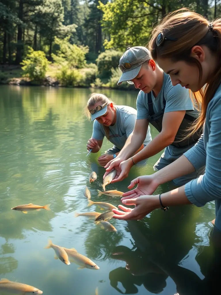 A photograph capturing volunteers releasing juvenile fish into a clear, flowing river, surrounded by lush greenery, symbolizing restocking efforts by LA GAULE VIGEOYEUSE.