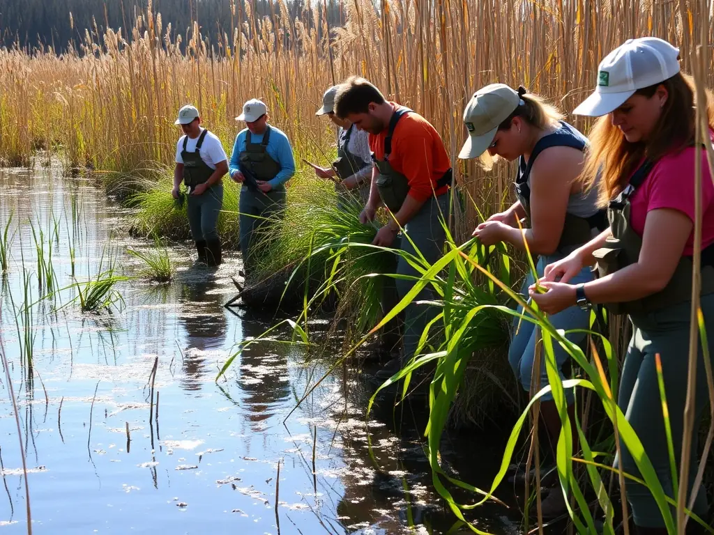 A close-up shot of a volunteer removing invasive plants from a riverbank, demonstrating the invasive species control efforts of LA GAULE VIGEOYEUSE.