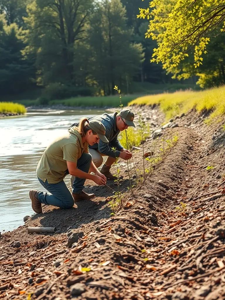 A close-up image of a volunteer carefully removing an invasive plant species from a riverbank, highlighting the control of invasive species by LA GAULE VIGEOYEUSE.