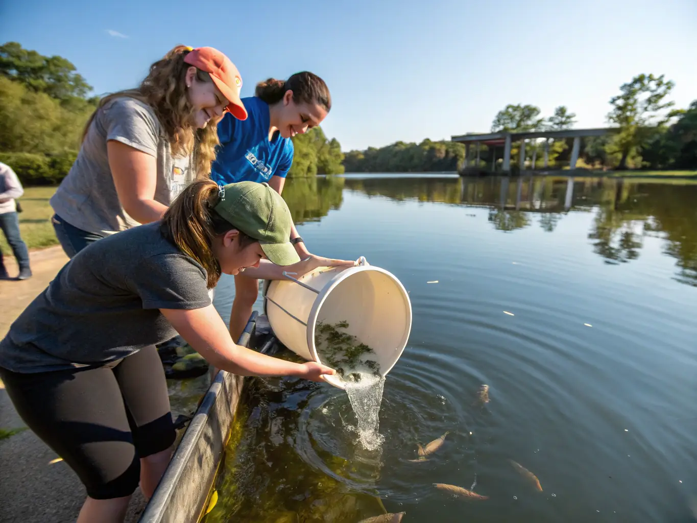 A photograph of LA GAULE VIGEOYEUSE members releasing juvenile fish into a local river as part of a restocking program, with a focus on the health and vitality of the fish.