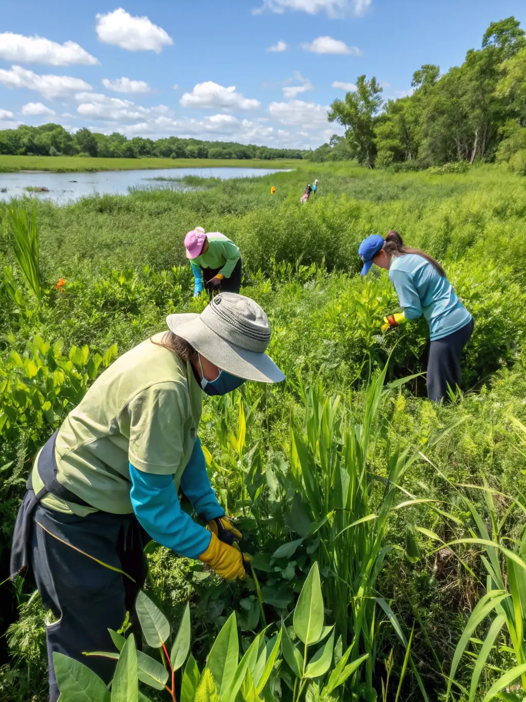 A wide shot of a group of people participating in a river cleanup, removing debris and invasive plants, showcasing habitat protection efforts by LA GAULE VIGEOYEUSE.