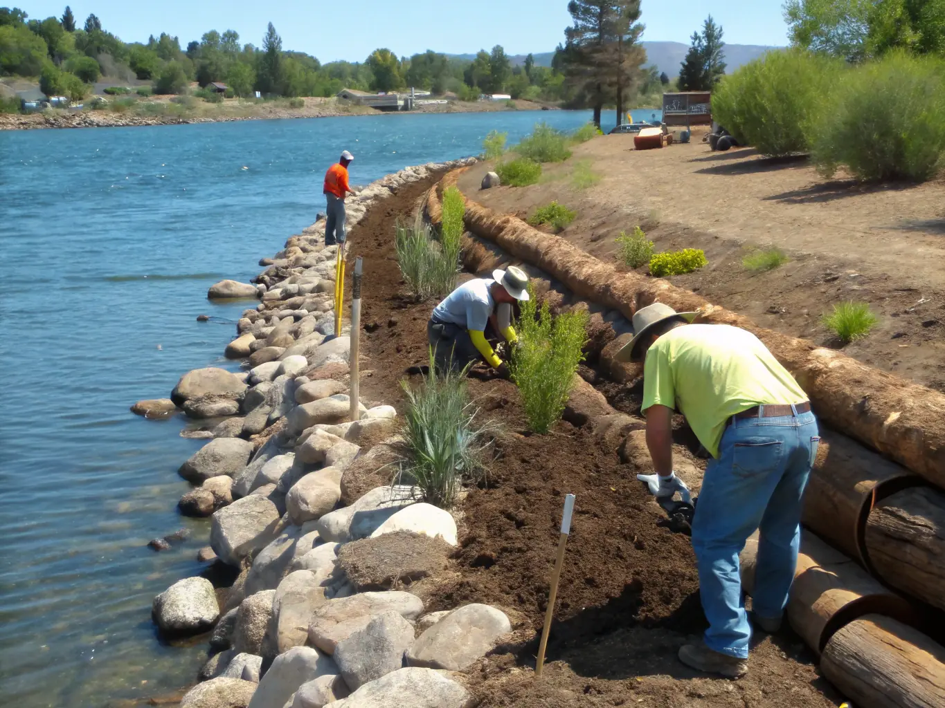 A scenic view of a riverbank restoration project, showcasing newly planted vegetation and stabilized soil, illustrating habitat protection efforts by LA GAULE VIGEOYEUSE.