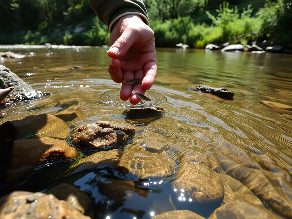 A photograph of volunteers releasing juvenile fish into a local river, highlighting the restocking initiatives undertaken by LA GAULE VIGEOYEUSE to enhance fish populations.